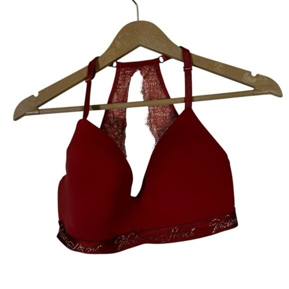 Victoria's Secret T-Shirt Lace Racerback Wireless Bra Burgundy Glam Size 32DD - Picture 3 of 6